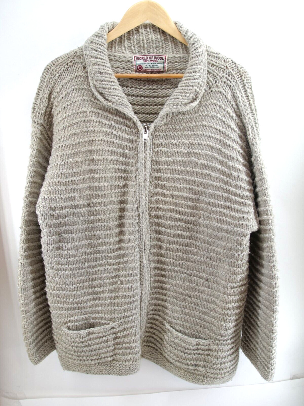 Vintage World Of Wool Brown Chunky Knit Zip Up Heavy Fisherman Sweater